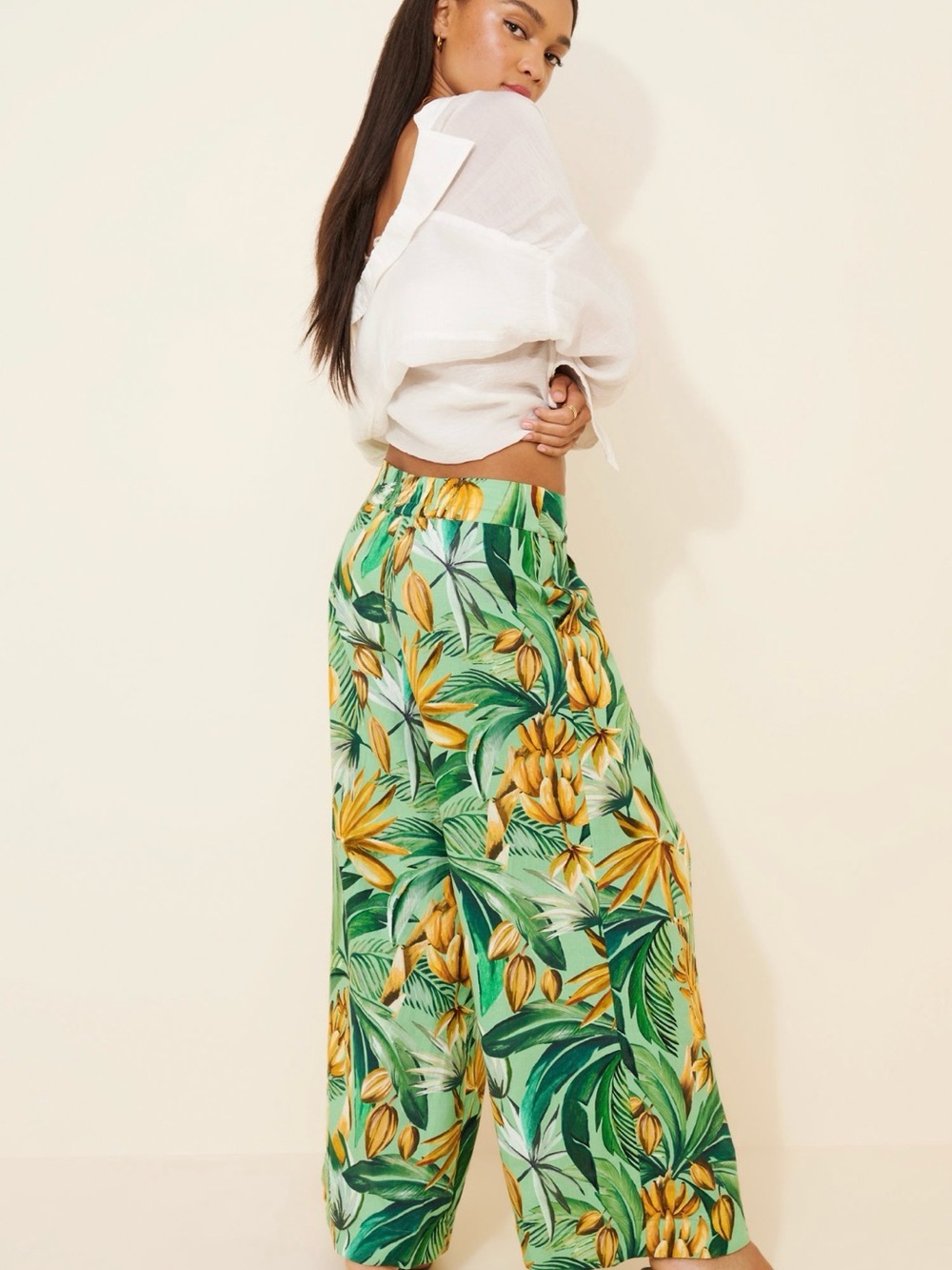 FARM Rio Green Tropical Print Wide Leg Pants with Yellow Floral Accents